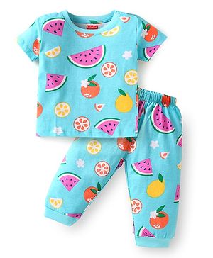 Babyhug Cotton Knit Half Sleeves Night Suit With Fruit Print - Light Blue