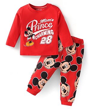 Babyhug Disney Single Jersey Knit Full Sleeves Night Suit With Mickey Mouse Graphics - Red