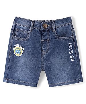 Babyhug Denim Mid Thigh Washed Shorts With Stretch and Vehicle Patch & Lets Go Embroidery - Blue