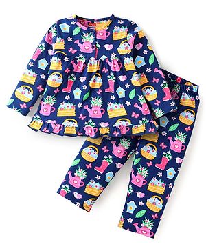 Babyhug Cotton Knit Front Open Full Sleeves Night Suit with Floral Print - Navy Blue