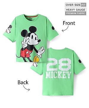 Pine Kids Disney Terry Knit Half Sleeves Drop Shoulder T-Shirt With Mickey Mouse Front & Back Graphic - Light Green