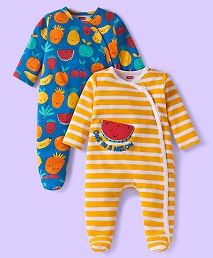 Babyhug Cotton Knit Full Sleeves Footed Sleep Suits with Fruits Print & Stripes Pack of 2 - Navy Blue & Yellow