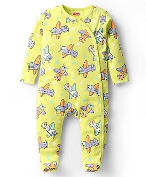Babyhug Cotton Knit Full Sleeve Footed Sleepsuit with Airplane Print - Limegreen