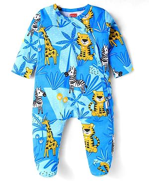 Babyhug Cotton Knit Full Sleeves Footed Sleepsuit with Animal Print - Blue