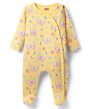 Babyhug Cotton Knit Full Sleeves Footed Sleepsuits With Floral & Butterfly Print - Yellow