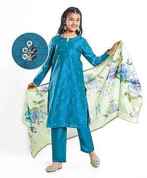Pine Kids Woven Full Sleeves Kurti & Chudidar with Dupatta & Sequin Detailing - Teal Blue