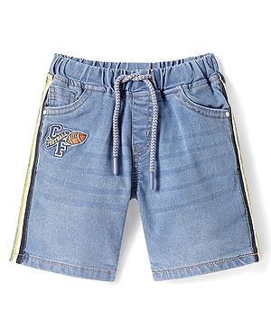 Babyhug Denim Above Knee Length Bermuda With Stretch & Sport Theme Embroidery - Blue