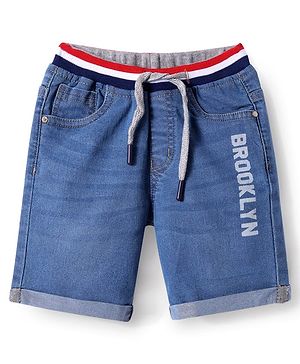 Babyhug Denim Above Knee Length Washed Bermuda With Stretch & Brooklyn Text Print - Blue