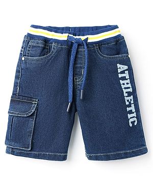 Babyhug Above Knee Length Denim Washed Stretchable Bermuda With Text Print - Navy Blue