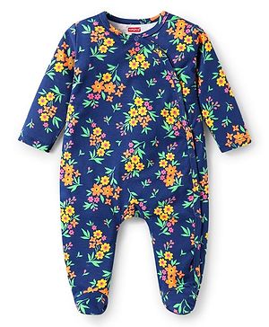 Babyhug Cotton Knit Full Sleeves Footed Sleep Suit With Floral Print - Navy Blue
