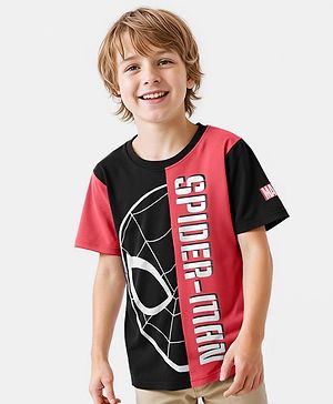 Pine Kids Marvel Single Jersey Knit Half Sleeves Cut & Sew T-Shirt With Spider-Man Graphic - Red & Black