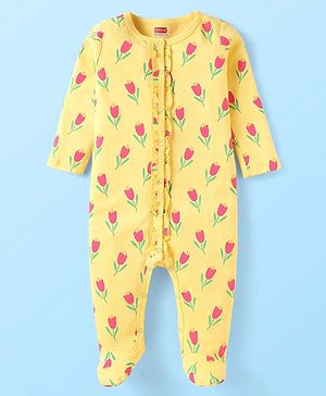 Babyhug Cotton Knit Full Sleeves Footed Sleep Suit With Floral Print - Yellow