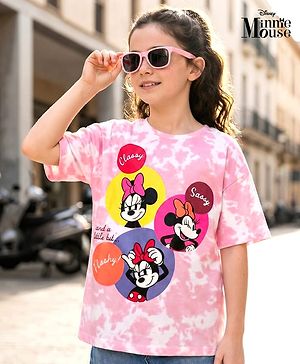 Pine Kids Disney Terry Knit Half Sleeves Oversize And Drop Shoulder T-Shirt With Minnie Mouse Graphics And Tie & Dye Detailing - Pink