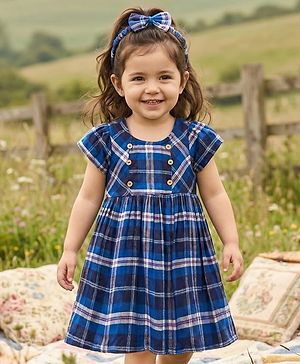 Babyhug Cotton Woven Half Sleeves Frock with Headband & Checks - Navy Blue