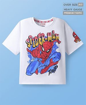 Pine Kids Marvel Terry Knit Half Drop Shoulder Sleeves Oversized Fit T-Shirt with Spiderman Graphics - White