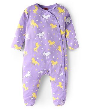 Babyhug Cotton Knit Full Sleeves Footed Sleep Suit with Unicorn Print - Violet