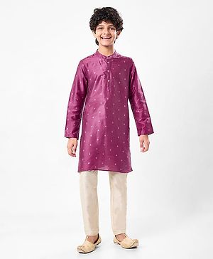 Pine Kids Woven Full Sleeves Kurta Pyjama Set with Floral Foil Print - Purple