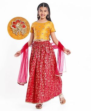 Pine Kids Woven Half Sleeves Choli & Foil Printed Lenhenga with Dupatta & Sequin Embroidery - Red