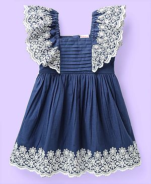 Babyhug Cotton Woven Frill Sleeves Frock With Floral Embroidery - Blue