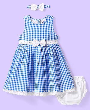 Babyhug Cotton Woven Sleeveless Checkered Frock with Bloomer Headband & Bow Applique - Blue
