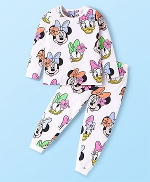 Babyhug Disney Single Jersey Full Sleeves Night Suit With Minnie & Friends All Over Print - White