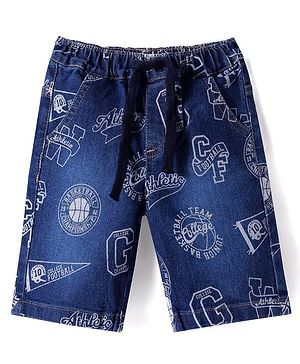 Babyhug Knee Length Denim Jamaican With Stretch & Text Print - Blue