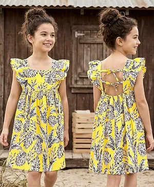 Kookie Kids Woven Frill Sleeves
                                  Back Tie Up Dress with Leaves Print -
                                  Yellow