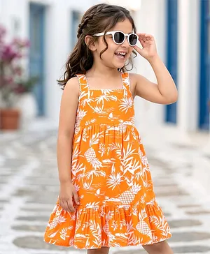 Kookie Kids Poplin Woven Singlet
                                  Sleeves Dress With Smocking Detailing
                                  & Tropical Print - Orange