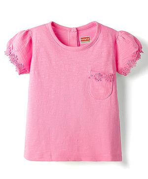 Babyhug Cotton Knit Half Puffed Sleeves T-Shirt with Floral Embroidery - Pink