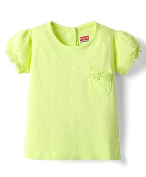 Babyhug Cotton Knit Half Puffed Sleeves T-Shirt with Floral Embroidery - Limegreen