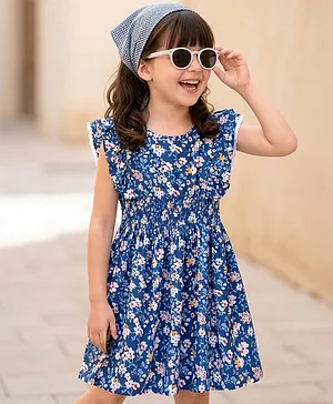 Kookie Kids Rayon Woven
                                  Sleeveless Dress With Floral Print
                                  & Lace Detailing - Royal Blue