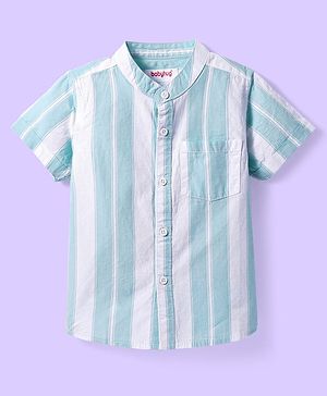 Babyhug Cotton Woven Half Sleeves Mandarin Collar Stripe Shirt - Mint
