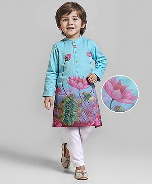Babyhug Woven Full Sleeves Kurta & Pyjama with Lotus Print - Light Blue