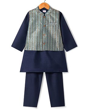 Babyhug Woven Full Sleeves Kurta Pyjama With Glitter Printed Jacket - Navy Blue