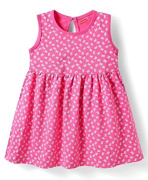 Babyhug Single Jersey Knit Sleeveless Dress With Bow Print - Dark Pink