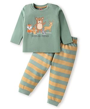 Babyhug Cotton Knit Full Sleeves Night Suit Bear Print - Olive Green