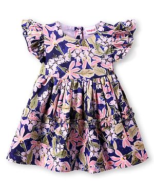 Babyhug Cotton Knit Frill Sleeves Frock With Floral Print - Navy Blue