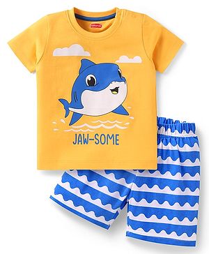 Babyhug Cotton Knit Half Sleeves Shorts Night Suit with Dolphin Print - Orange