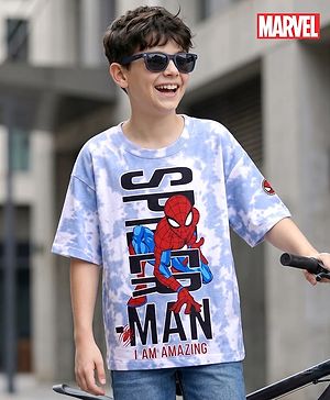 Pine Kids Marvel Terry Knit Half Sleeves Oversized Drop Shoulder Tie And Dye T-Shirt With Spider-Man Graphics And Badge Detailing - Light Blue