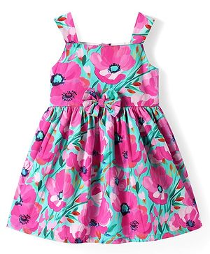 Babyhug Cotton Knit Sleeveless Frock With Floral Print & Bow Applique - Sea Green