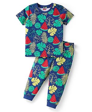 Babyhug Cotton Woven Half Sleeves Night Suit with Tropical Theme Print - Navy Blue
