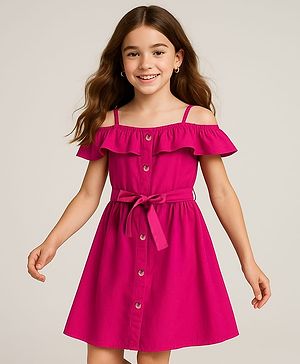 Pine Kids Poplin Woven Cold Shoulder Sleeves Solid Color Front Open Dress with Frill Detailing - Dark Pink