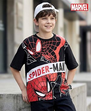 Pine Kids Marvel Terry Knit Half Sleeves Oversize And Drop Shoulder T-Shirt With Spider-Man Graphics - Black