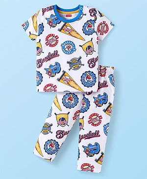 Babyhug Cotton Knit Half Sleeves Night Suit with Sports Theme Print - White