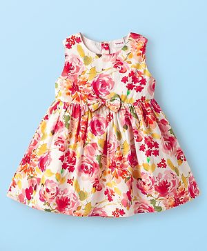 Babyhug Cotton Knit Sleeveless Frock With Bow Applique Floral Print - Red