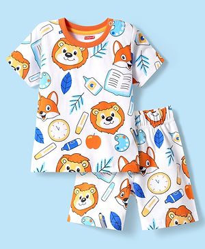 Babyhug Cotton Knit Half Sleeves Shorts Co-ords Night Suit With Animal Print - White & Blue