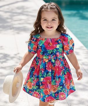 Babyhug Cotton Knit Half Sleeves Frock With Floral Print - Multicolor
