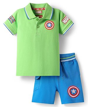 Babyhgu Marvel Single Jersey Knit Half Sleeves Polo T-Shirt & Shorts Set With Avengers Graphics - Light Green & Blue