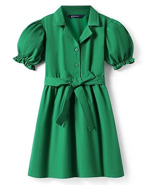 Pine Kids Poplin Woven Puffed Sleeves Solid Color Collared Frock - Dark Green