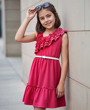 Pine Kids Woven Sleeveless Solid Frock With Belt - Dark Pink